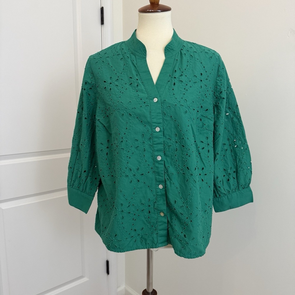 J. Jill Eyelet Button-Front Top In Aegean Green Size‎ XL Peasant Cottagecore